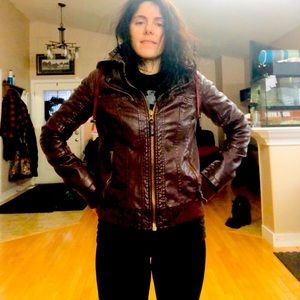 Garage brown perfect bomber faux leather jacket